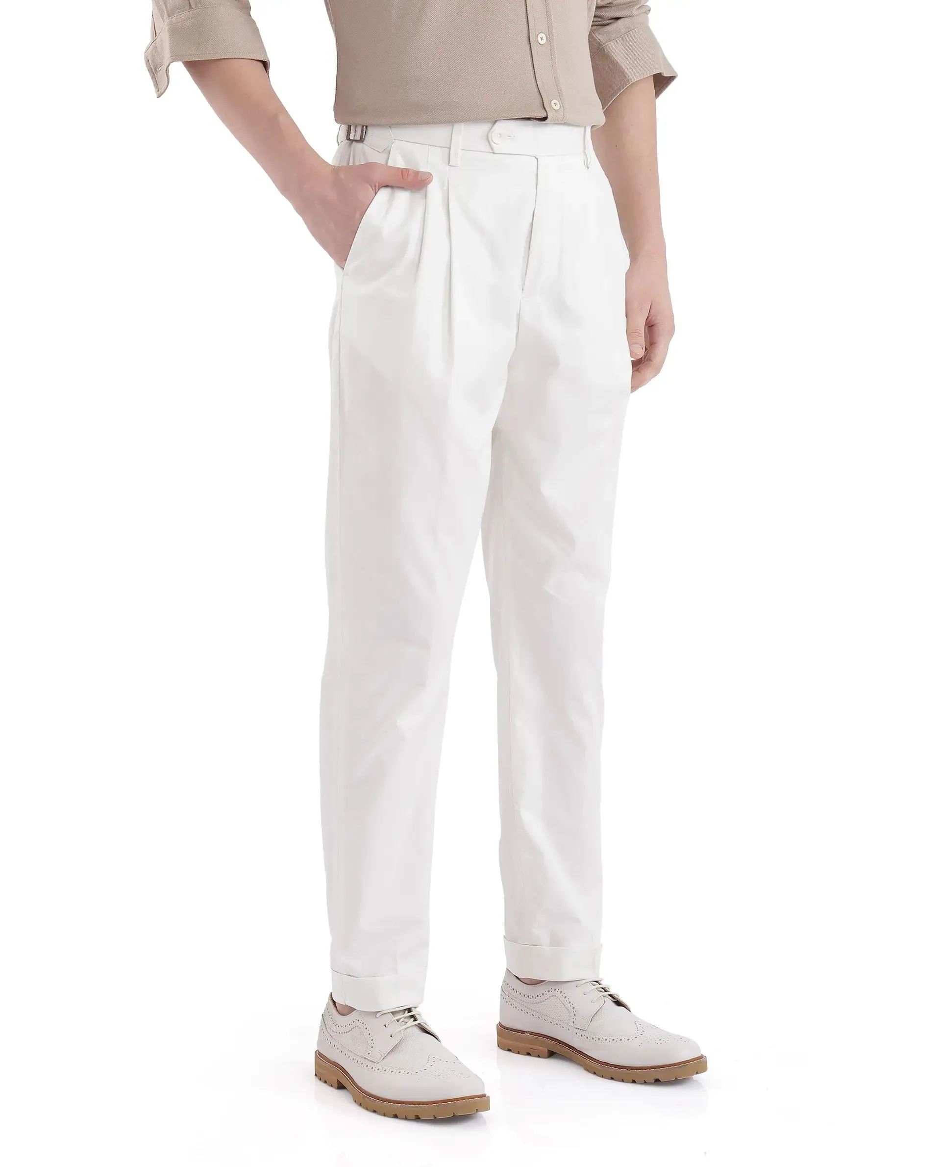 Rare Rabbit Men Lewit Off White Cotton Fabric Adjustable Waistband Pleated Regular Fit Solid Trouser