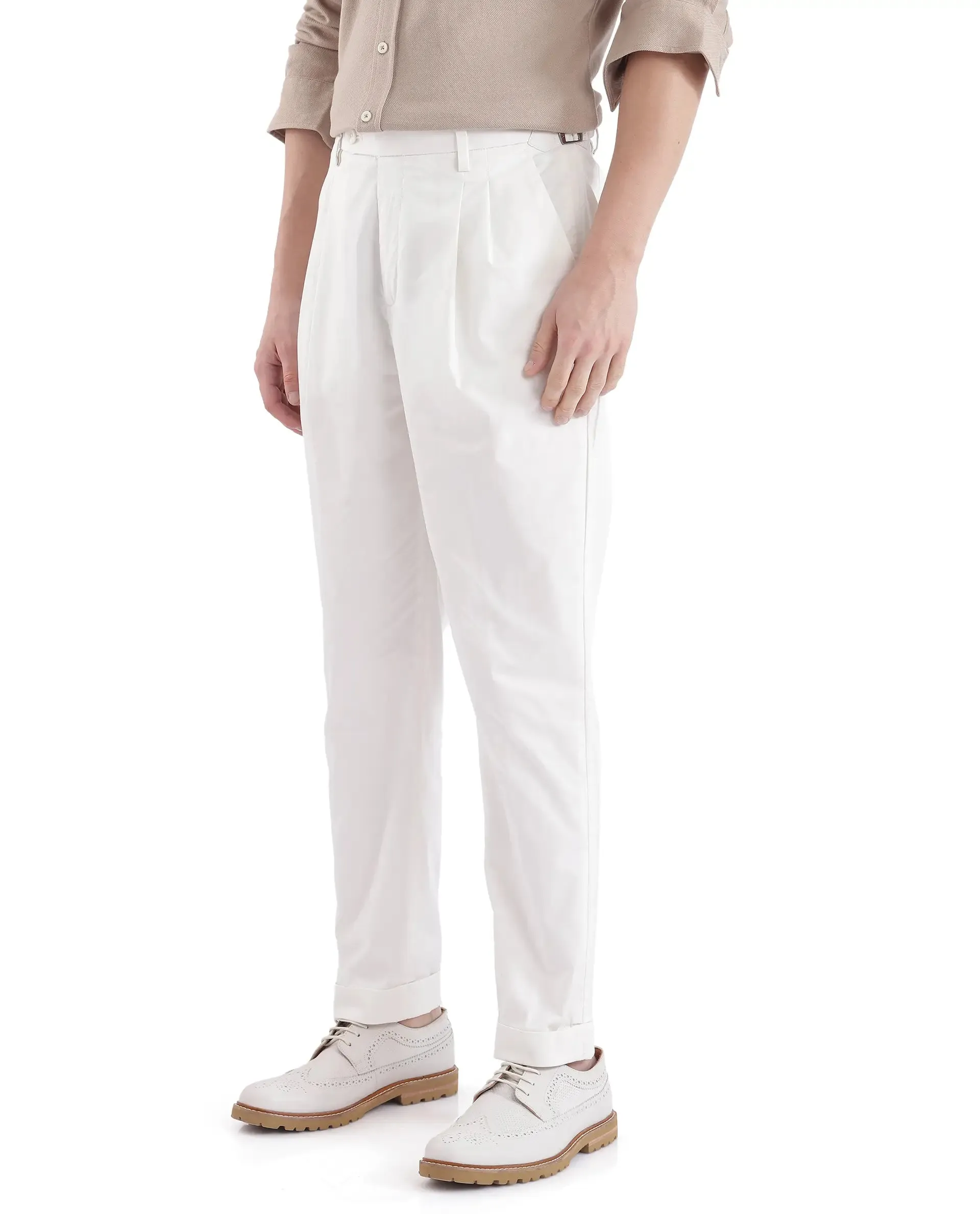 Rare Rabbit Men Lewit Off White Cotton Fabric Adjustable Waistband Pleated Regular Fit Solid Trouser