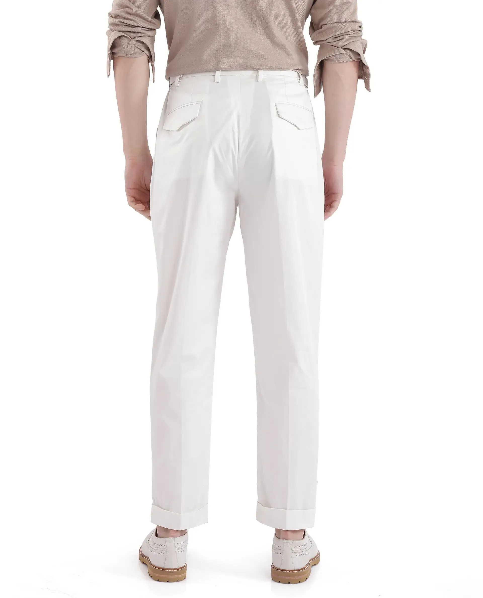 Rare Rabbit Men Lewit Off White Cotton Fabric Adjustable Waistband Pleated Regular Fit Solid Trouser