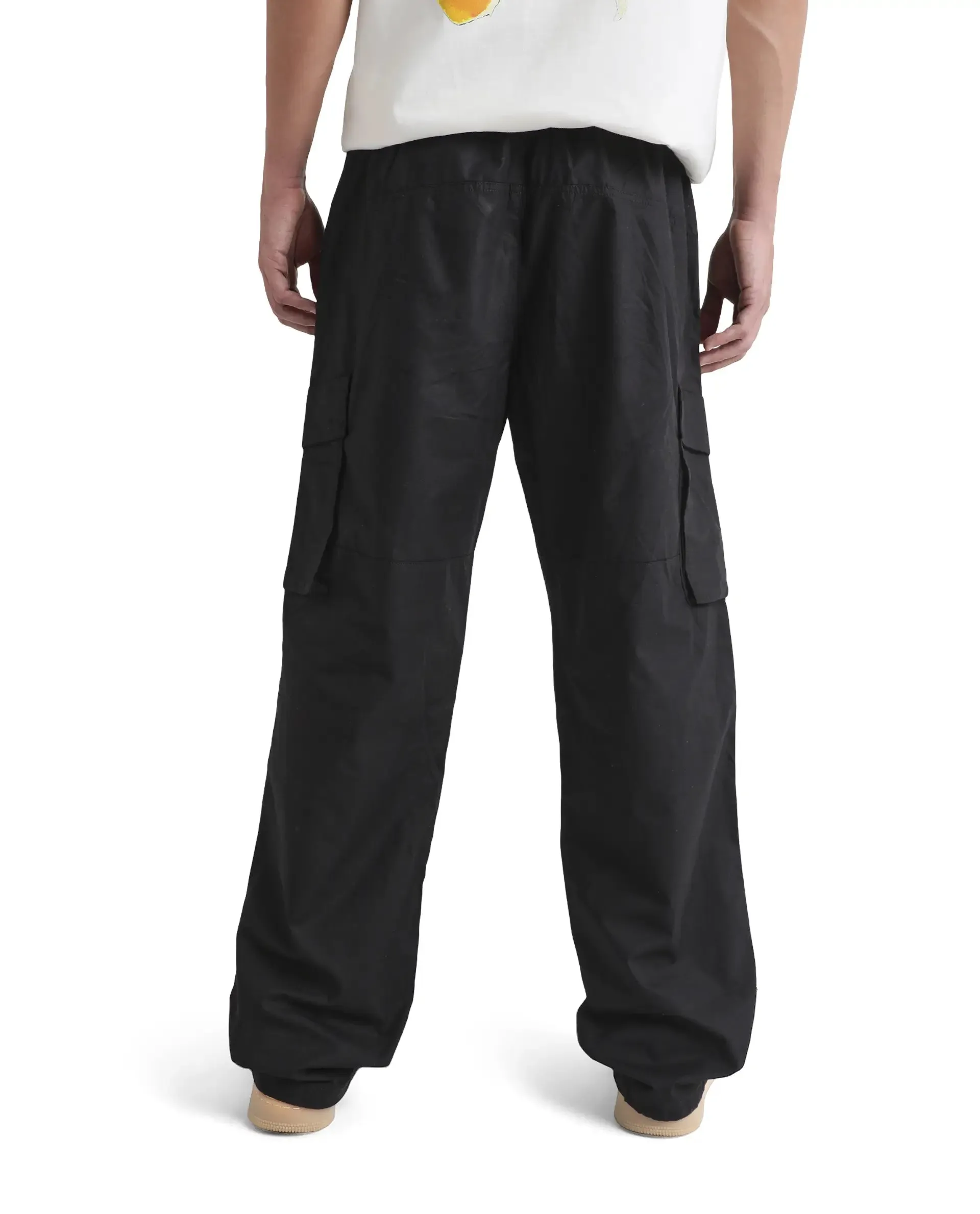 Rare Rabbit Men's Parc Black Parachute Fabric Regular Fit Multipocketed Cargo Style Trouser