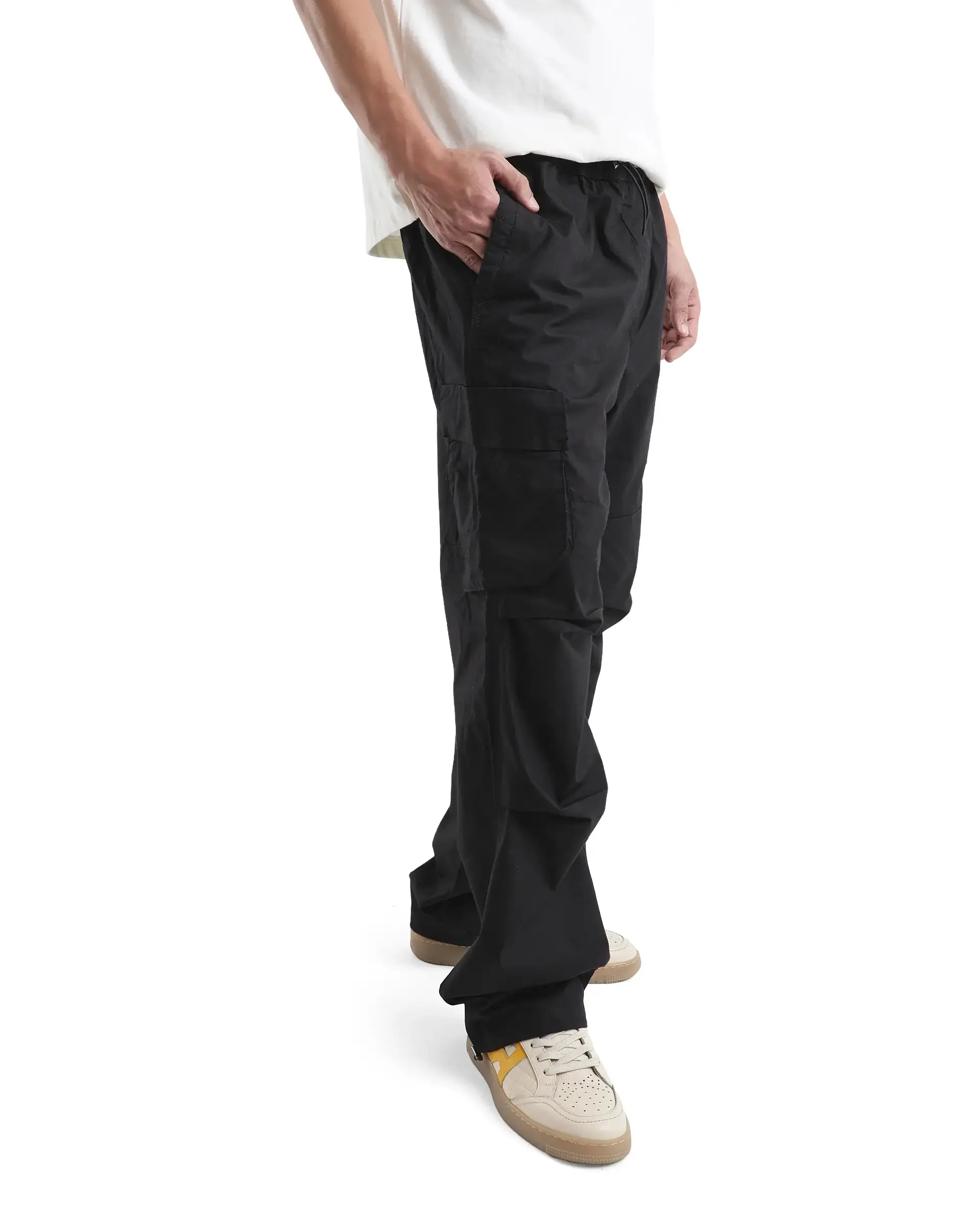 Rare Rabbit Men's Parc Black Parachute Fabric Regular Fit Multipocketed Cargo Style Trouser