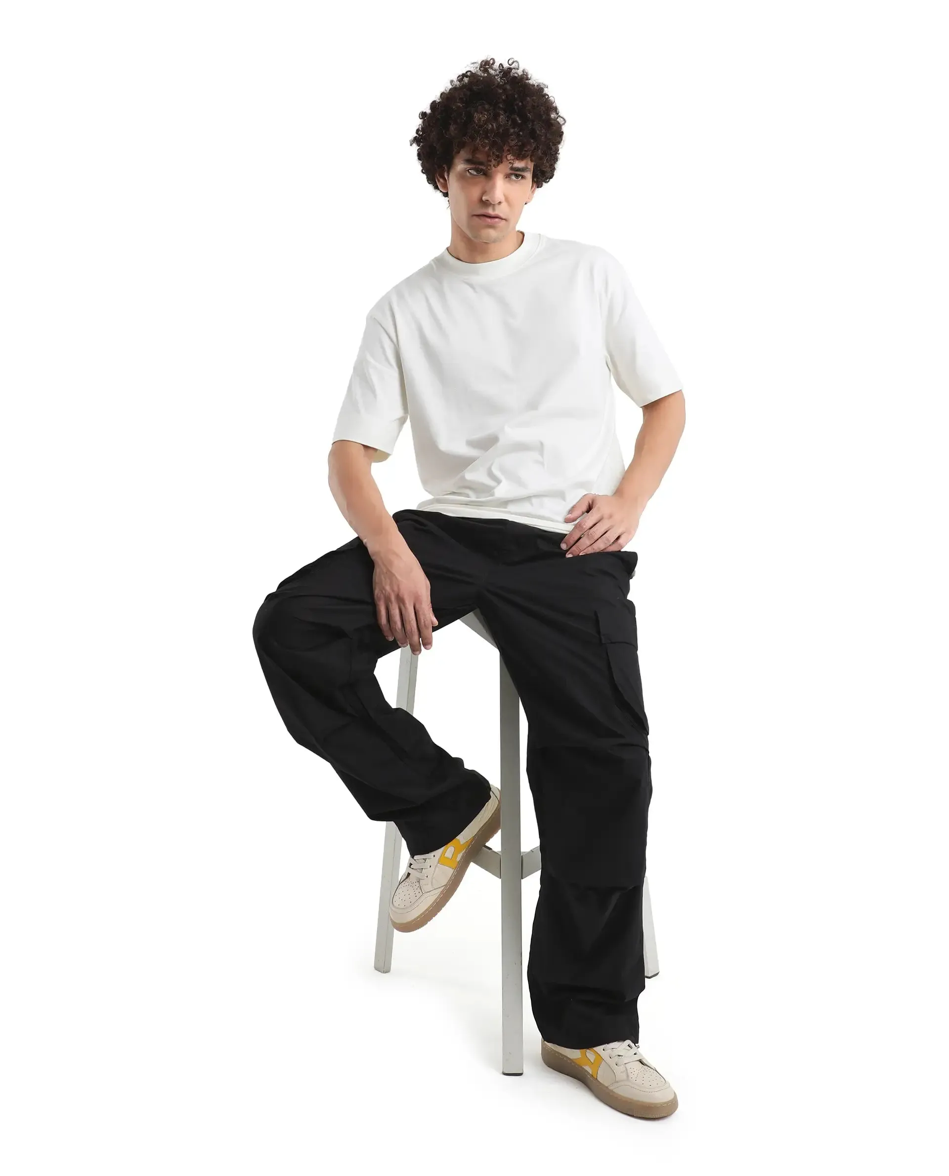 Rare Rabbit Men's Parc Black Parachute Fabric Regular Fit Multipocketed Cargo Style Trouser