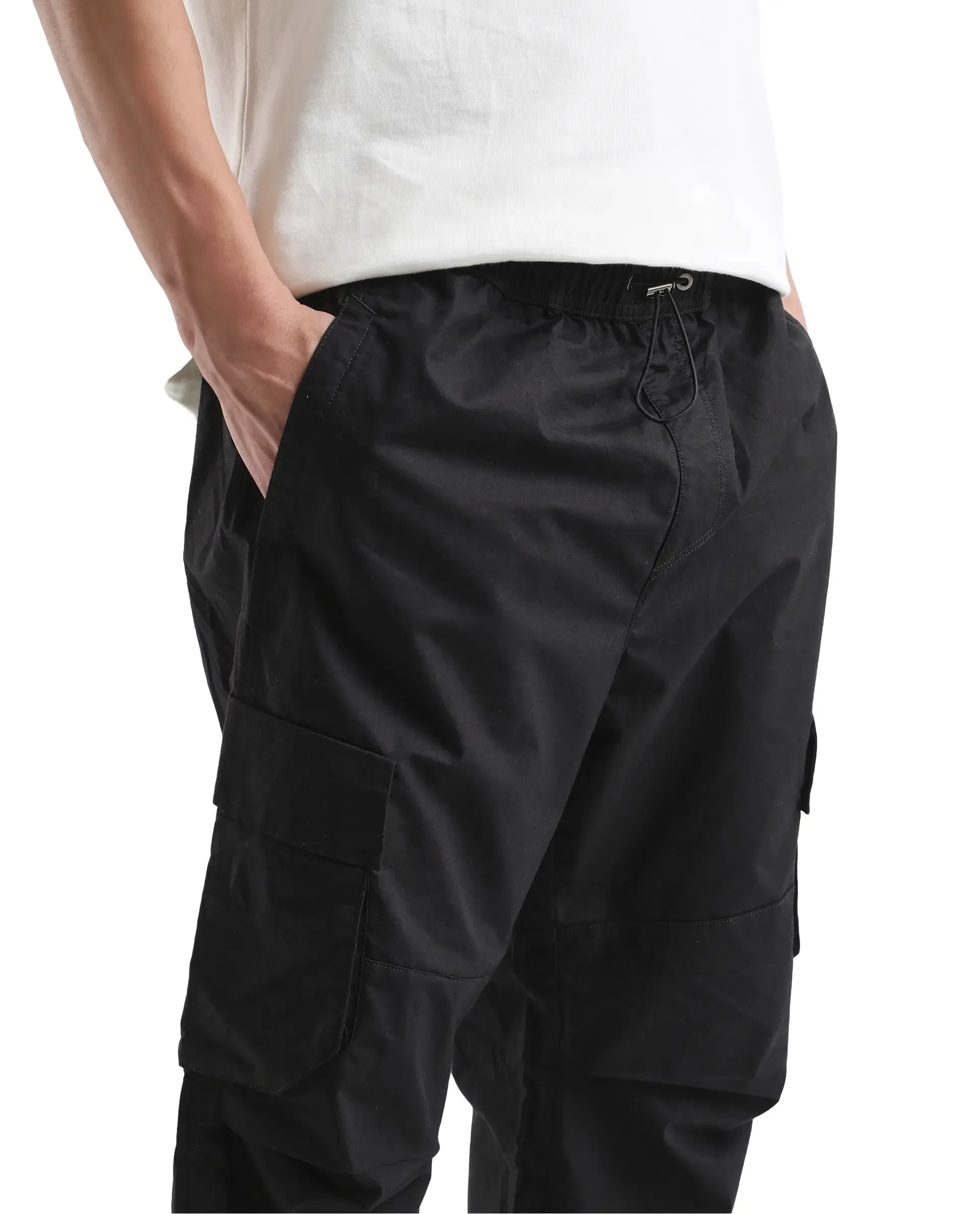 Rare Rabbit Men's Parc Black Parachute Fabric Regular Fit Multipocketed Cargo Style Trouser