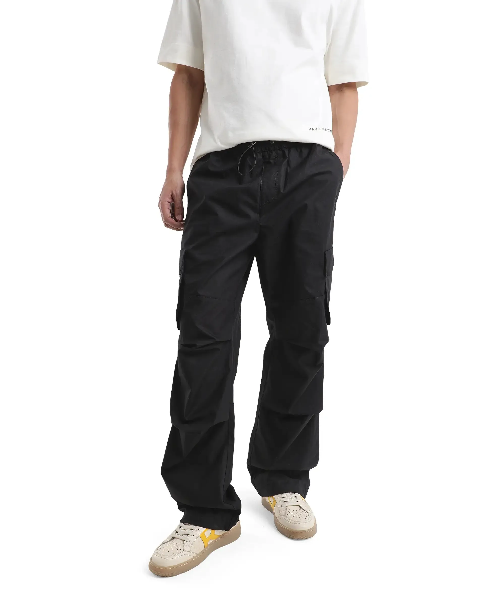 Rare Rabbit Men's Parc Black Parachute Fabric Regular Fit Multipocketed Cargo Style Trouser
