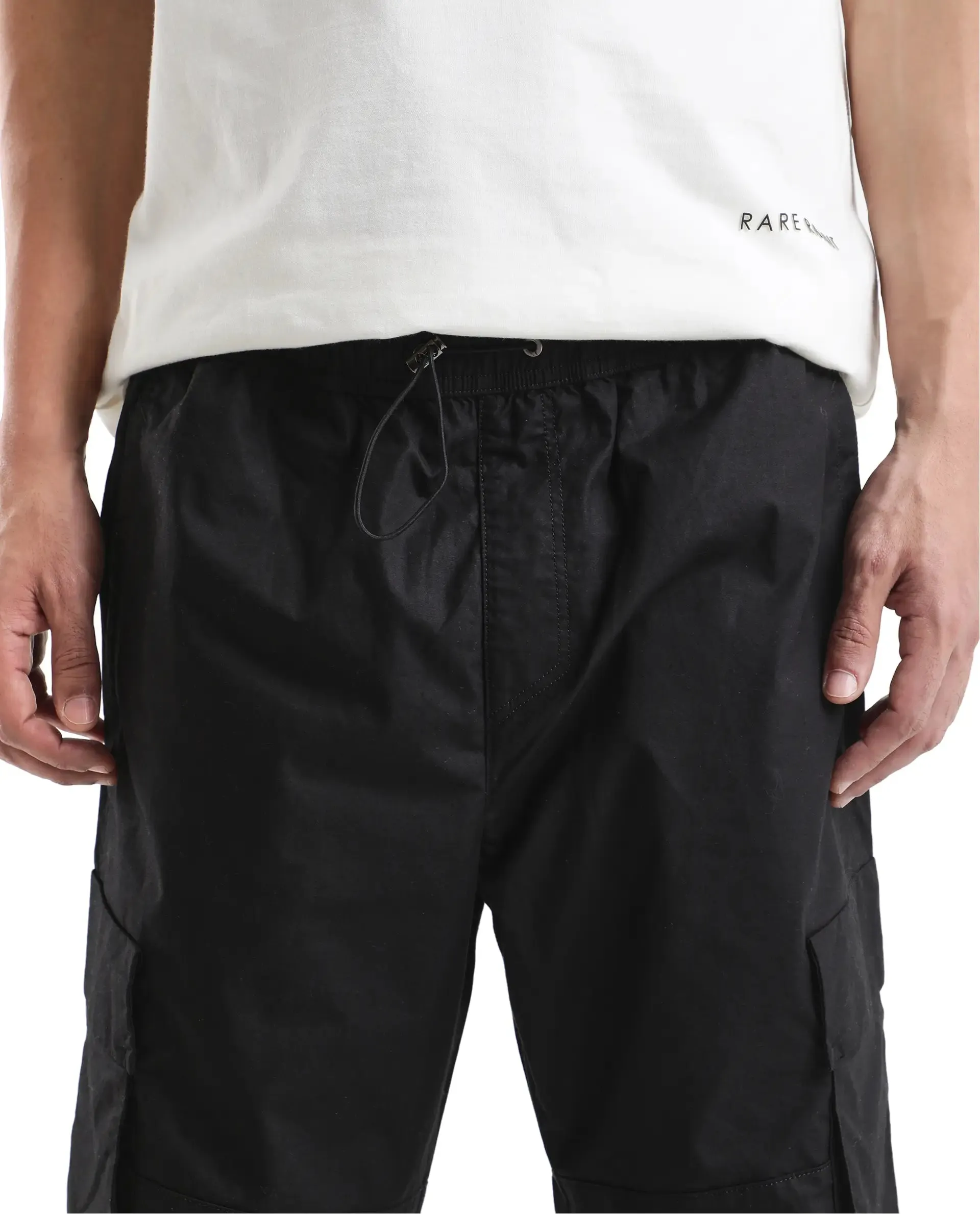 Rare Rabbit Men's Parc Black Parachute Fabric Regular Fit Multipocketed Cargo Style Trouser