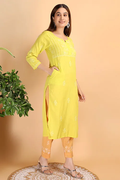 Shwet Women Parrot Green Chikankari Kurta Pants