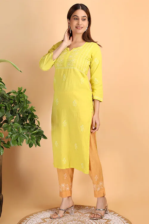 Shwet Women Parrot Green Chikankari Kurta Pants