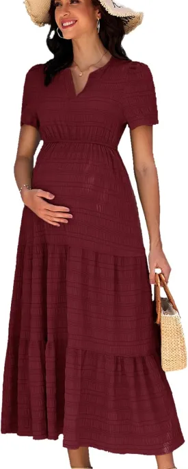 Summer Maxi Maternity Dress Pockets Casual Vacation Boho Baby Shower Short Sleeves A Line Beach Sundress Pregnancy