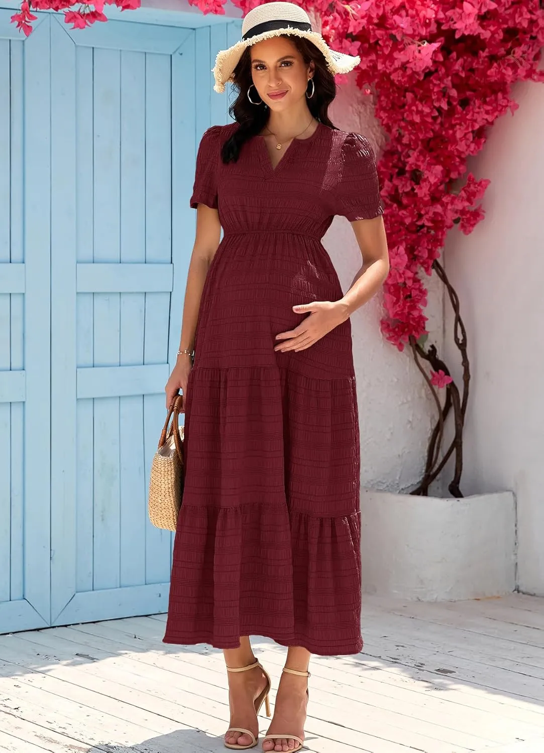 Summer Maxi Maternity Dress Pockets Casual Vacation Boho Baby Shower Short Sleeves A Line Beach Sundress Pregnancy