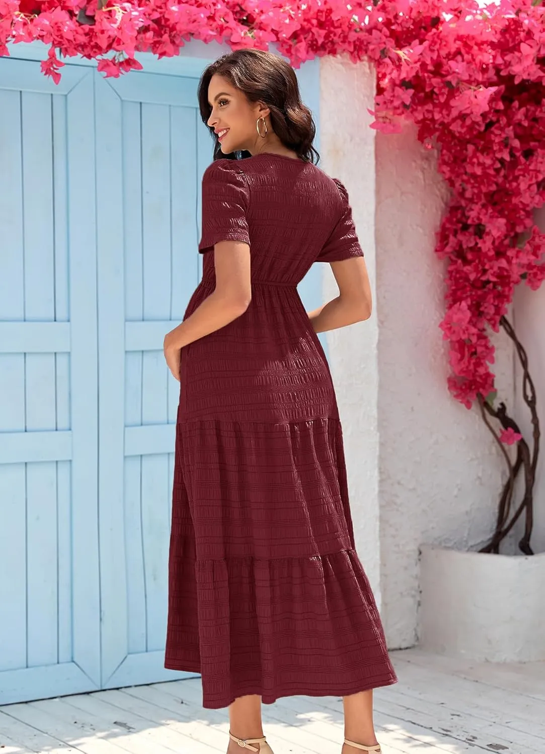 Summer Maxi Maternity Dress Pockets Casual Vacation Boho Baby Shower Short Sleeves A Line Beach Sundress Pregnancy