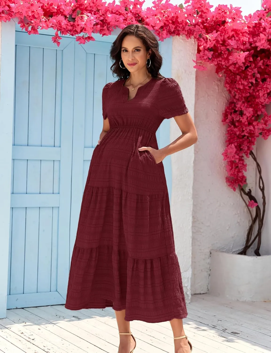 Summer Maxi Maternity Dress Pockets Casual Vacation Boho Baby Shower Short Sleeves A Line Beach Sundress Pregnancy