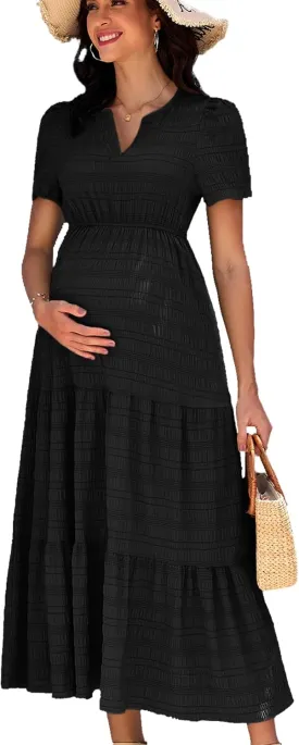 Summer Maxi Maternity Dress Pockets Casual Vacation Boho Baby Shower Short Sleeves A Line Beach Sundress Pregnancy
