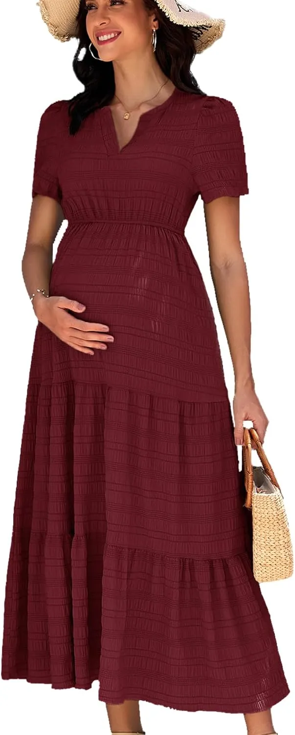 Summer Maxi Maternity Dress Pockets Casual Vacation Boho Baby Shower Short Sleeves A Line Beach Sundress Pregnancy