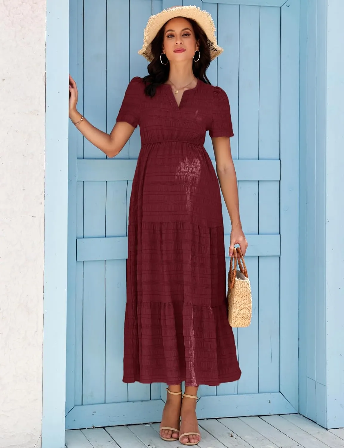 Summer Maxi Maternity Dress Pockets Casual Vacation Boho Baby Shower Short Sleeves A Line Beach Sundress Pregnancy