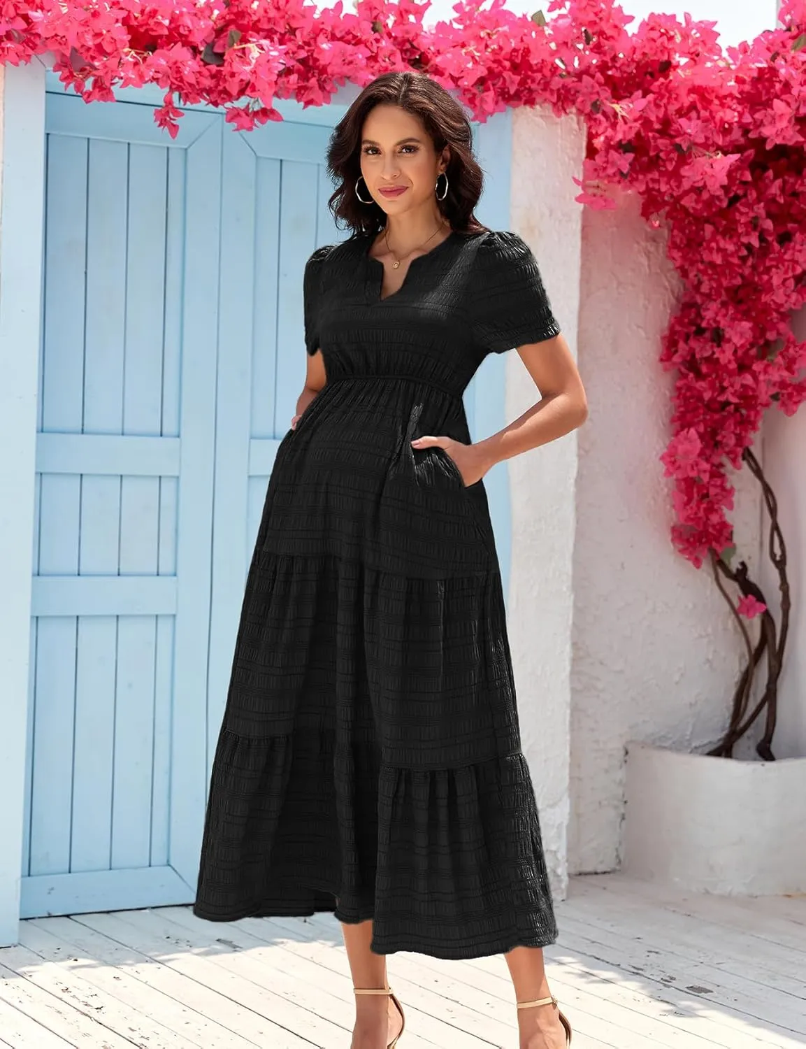Summer Maxi Maternity Dress Pockets Casual Vacation Boho Baby Shower Short Sleeves A Line Beach Sundress Pregnancy
