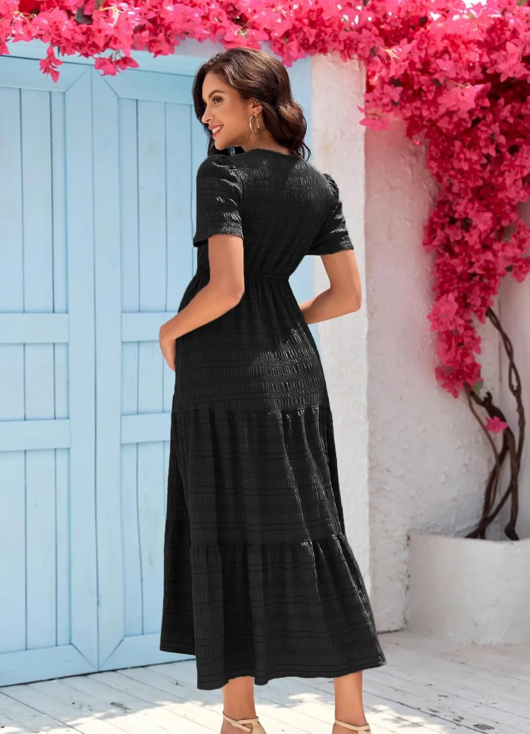 Summer Maxi Maternity Dress Pockets Casual Vacation Boho Baby Shower Short Sleeves A Line Beach Sundress Pregnancy
