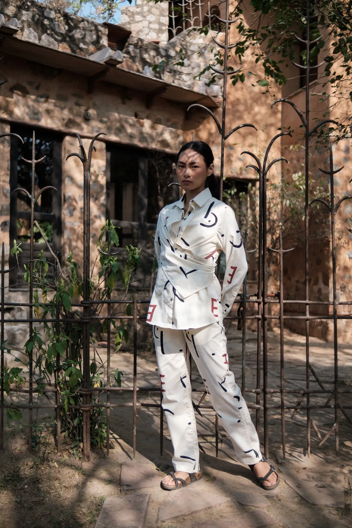 The Terra Tribe Ecru Line Printed Sandra Straight Pants