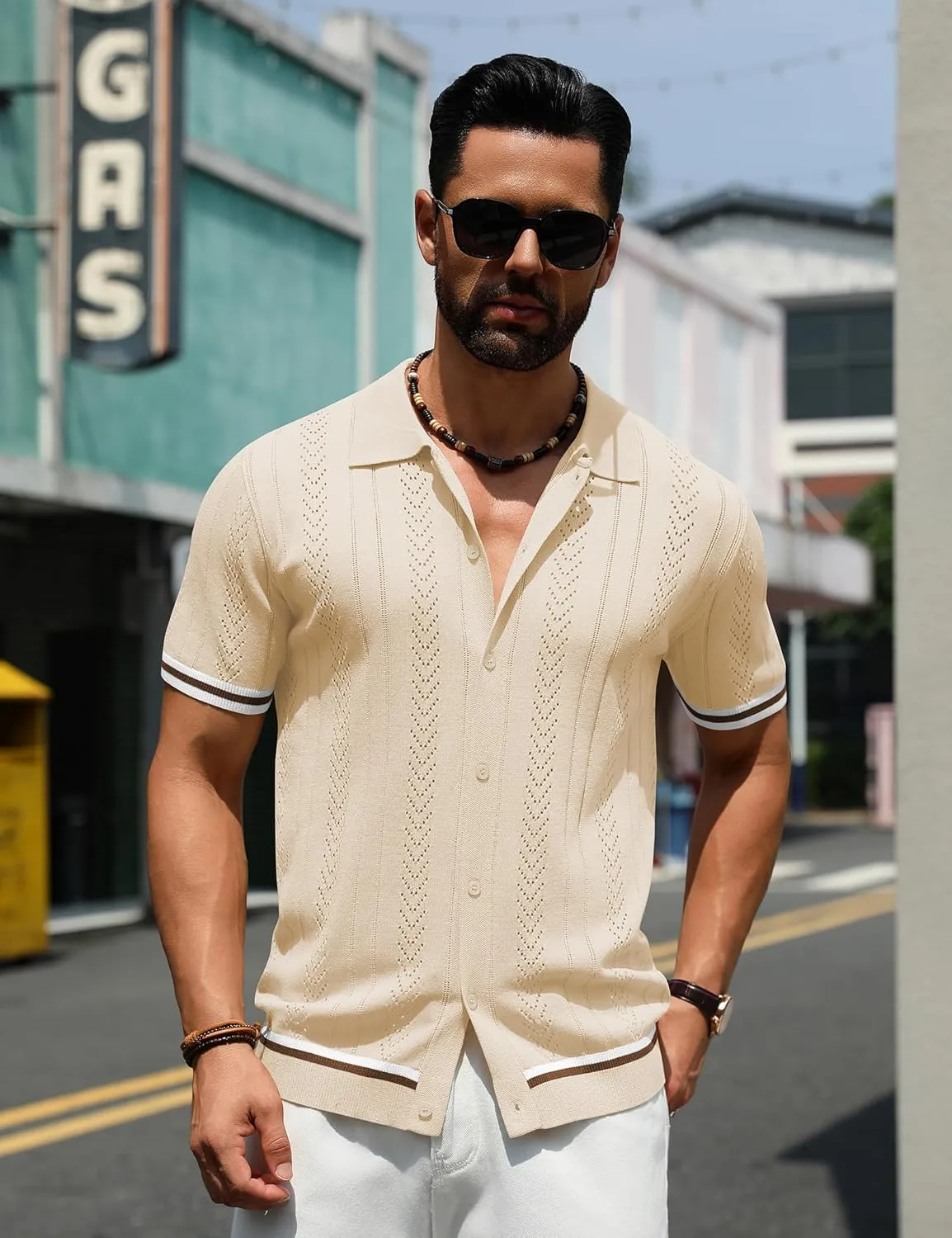 URRU Men's Knit Button Down Polo Shirt Short Sleeve Vintage Casual Summer Beach Tops
