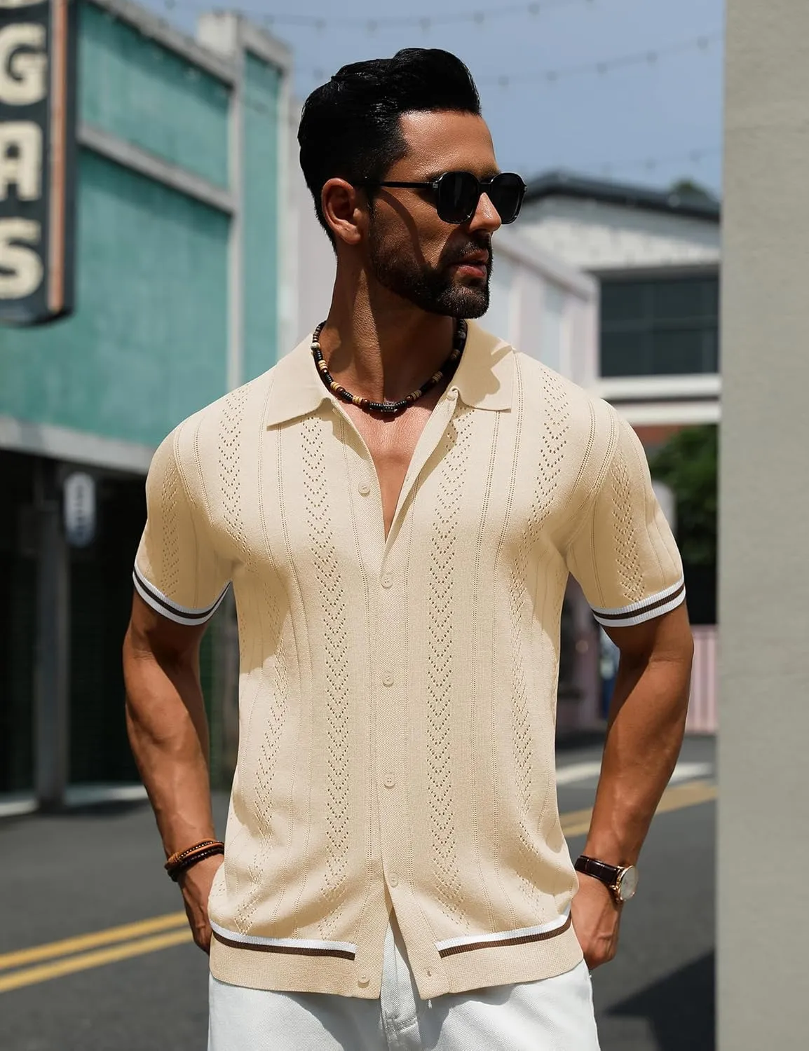 URRU Men's Knit Button Down Polo Shirt Short Sleeve Vintage Casual Summer Beach Tops