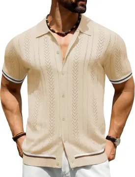 URRU Men's Knit Button Down Polo Shirt Short Sleeve Vintage Casual Summer Beach Tops