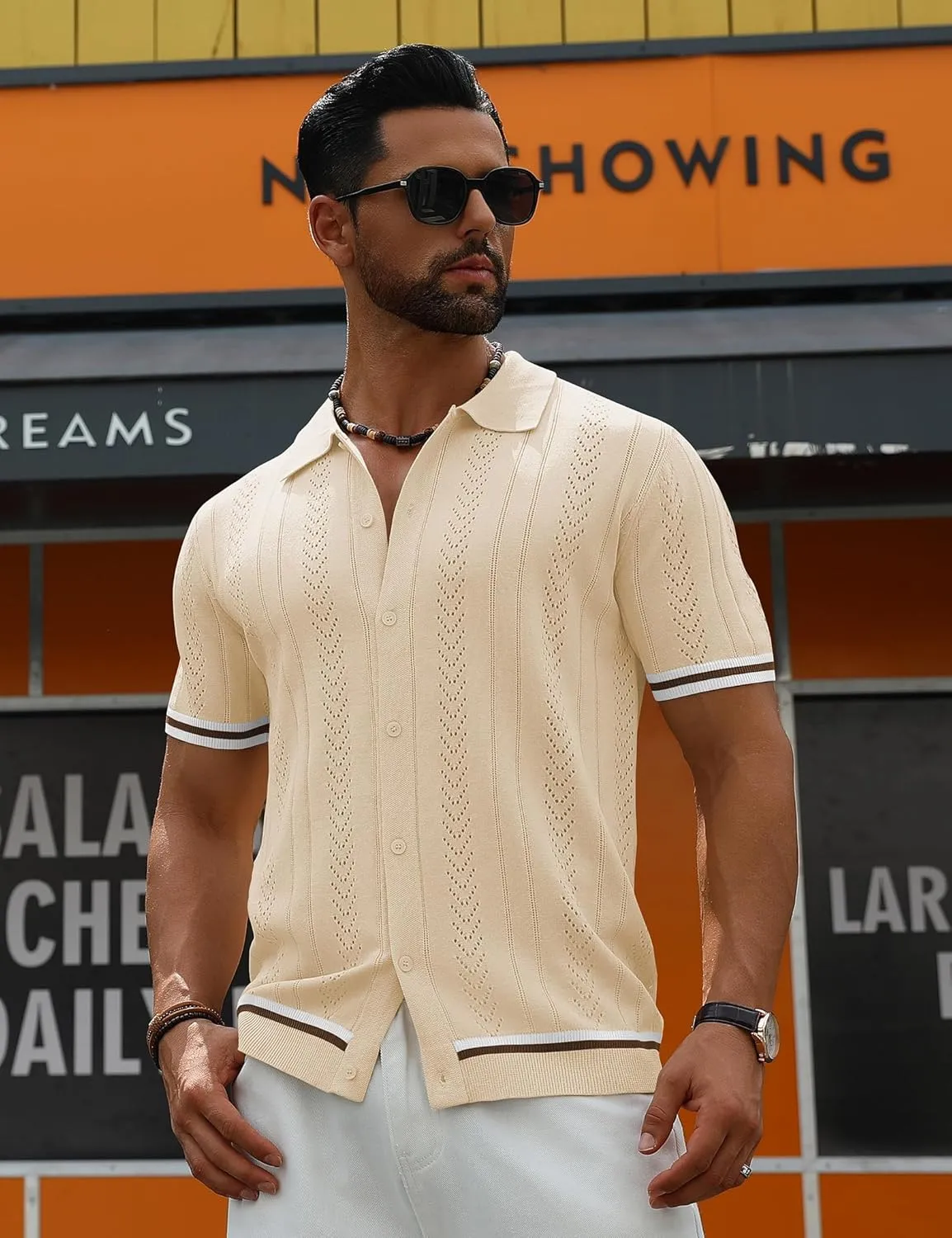 URRU Men's Knit Button Down Polo Shirt Short Sleeve Vintage Casual Summer Beach Tops