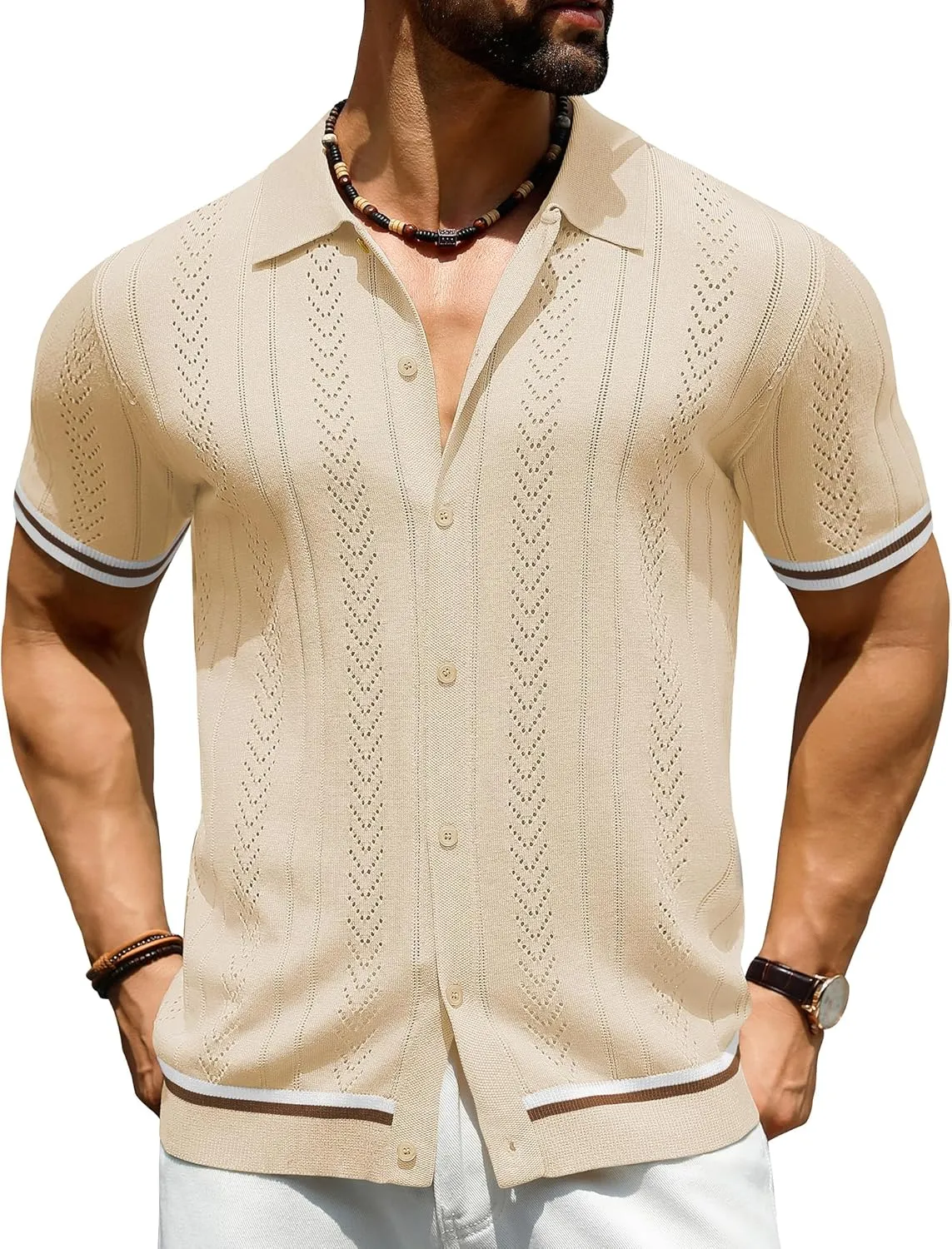URRU Men's Knit Button Down Polo Shirt Short Sleeve Vintage Casual Summer Beach Tops