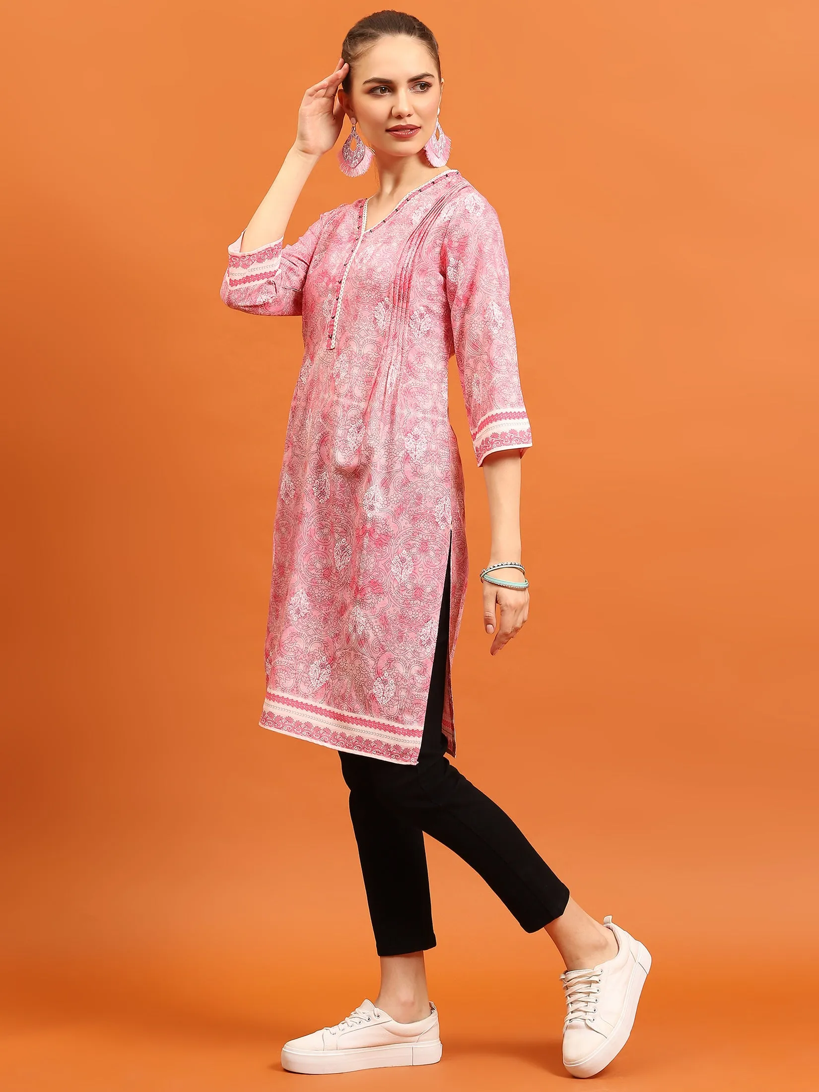 Women Pink Ornamental Printed Kurti