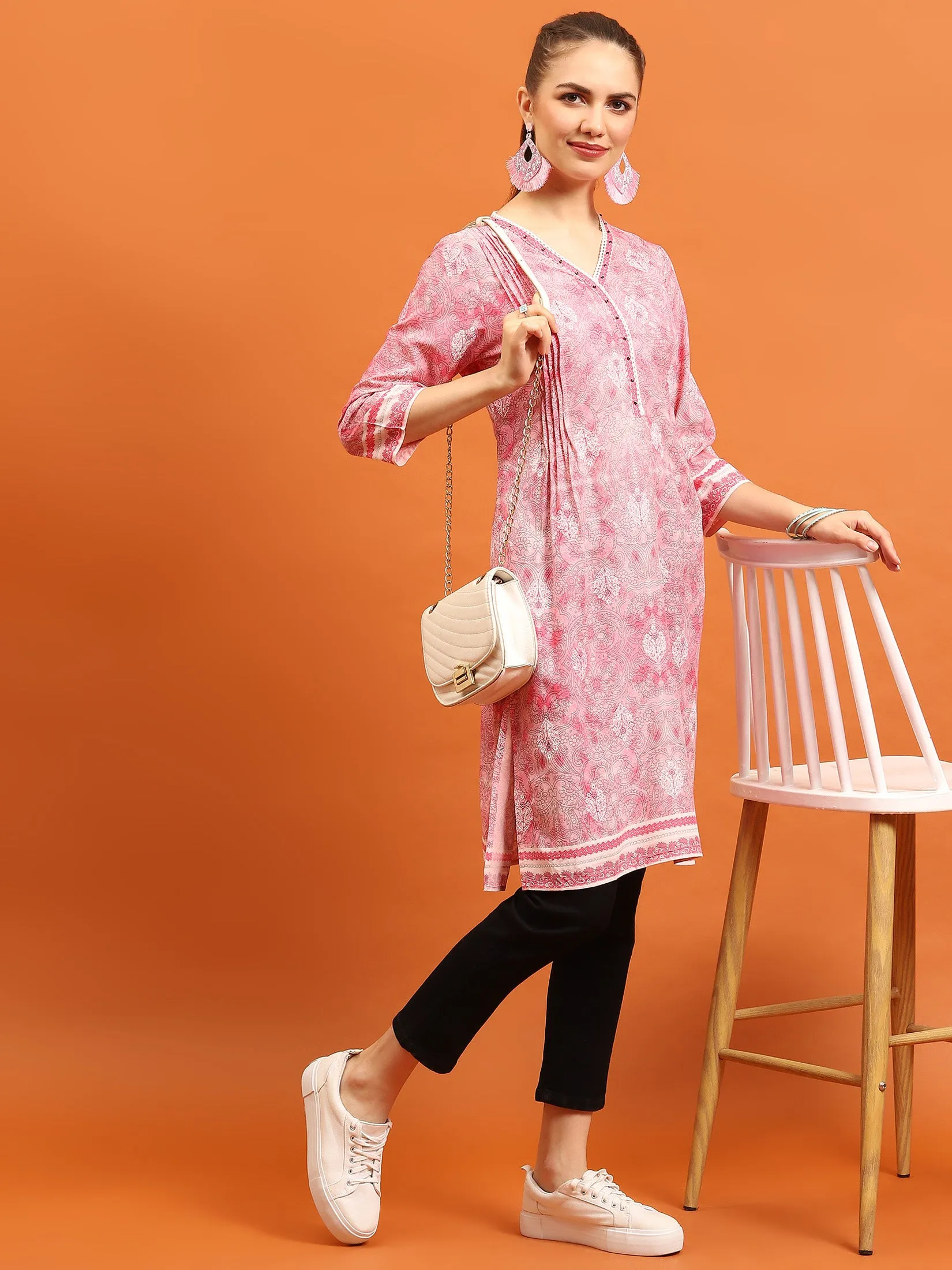 Women Pink Ornamental Printed Kurti