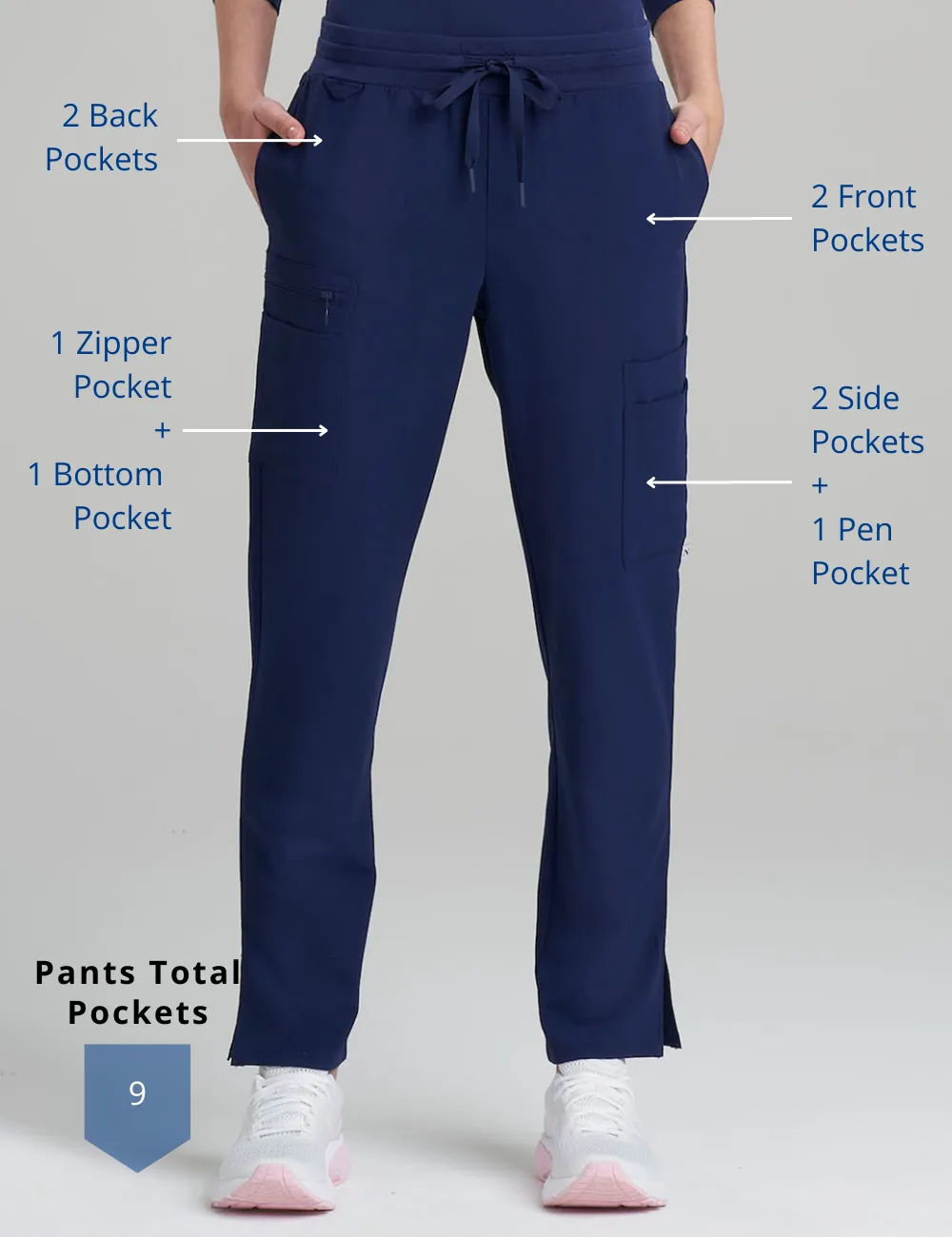 Womens 9-Pocket Straight Leg Scrub Pants - Navy