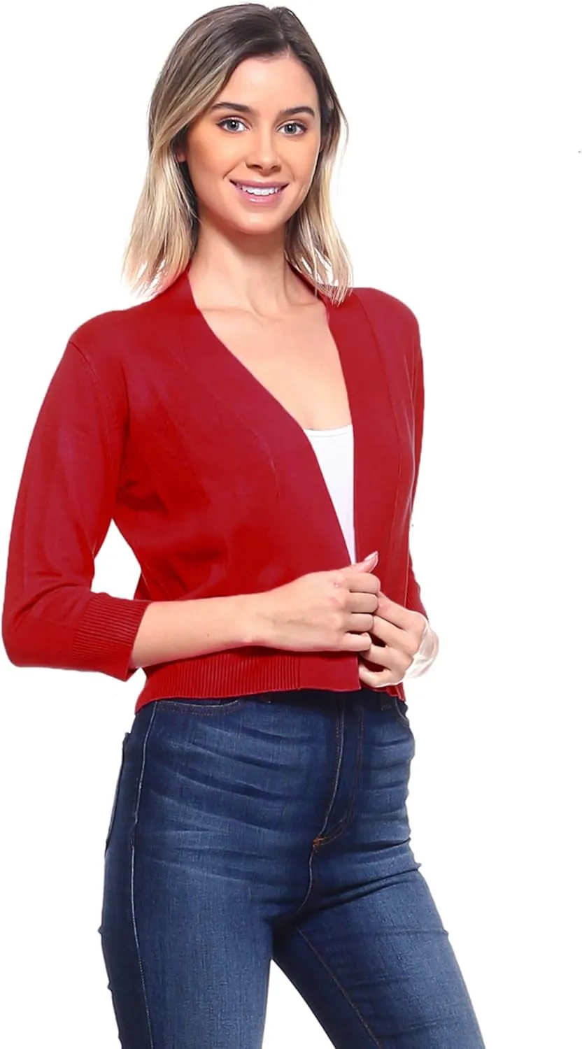Women's Soft Solid Open Front 3/4 Sleeve Sweater Cardigan