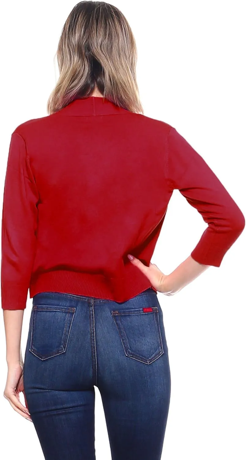 Women's Soft Solid Open Front 3/4 Sleeve Sweater Cardigan
