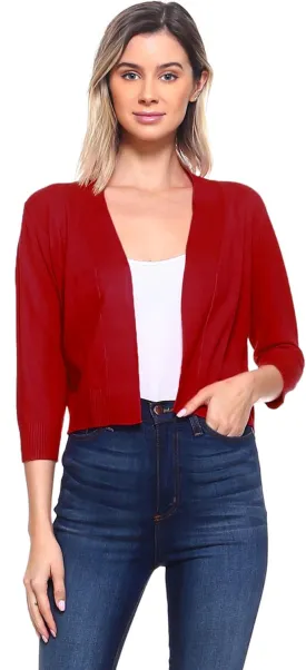 Women's Soft Solid Open Front 3/4 Sleeve Sweater Cardigan