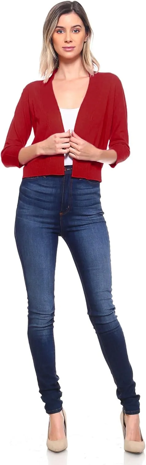 Women's Soft Solid Open Front 3/4 Sleeve Sweater Cardigan