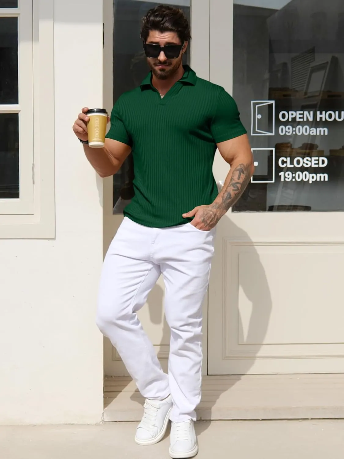 YTD Men's Muscle V Neck Polo Shirts Slim Fit Solid Short Sleeve Golf T-Shirts Ribbed Knit Soft Tees