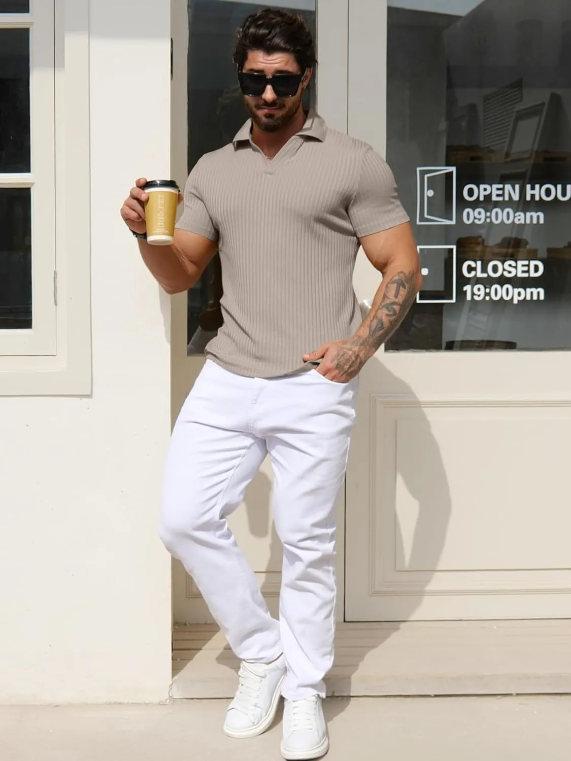 YTD Men's Muscle V Neck Polo Shirts Slim Fit Solid Short Sleeve Golf T-Shirts Ribbed Knit Soft Tees